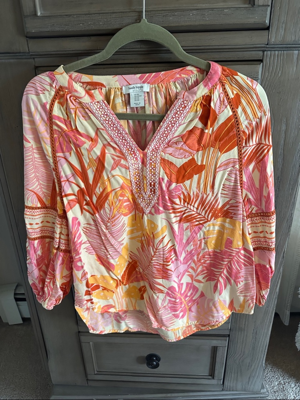 Haute Hippie Pink, Coral & Yellow Tropical Print Peasant Blouse